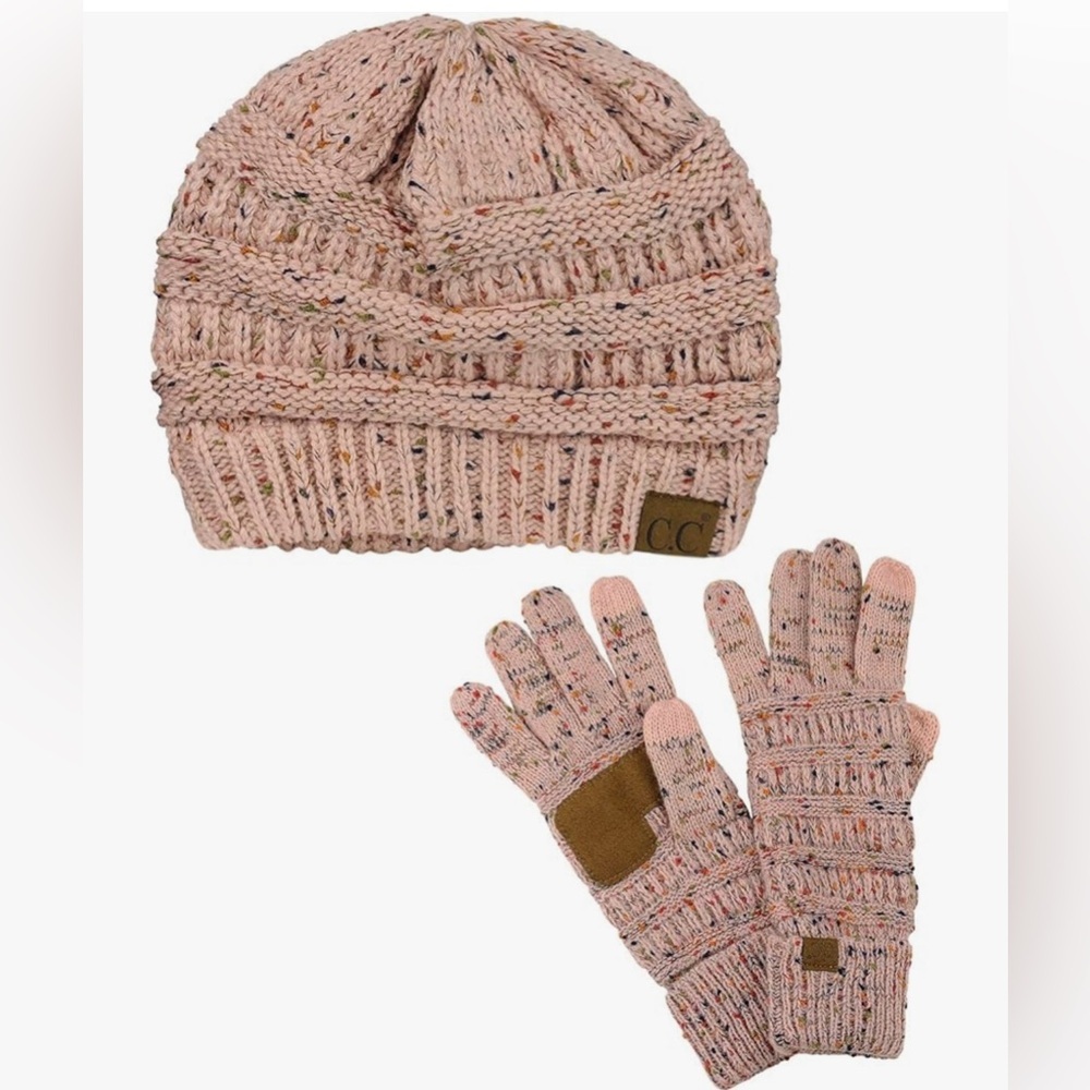 C.C. Unisex Soft Stretch Cable Knit Beanie & Anti-Slip Touchscreen Gloves